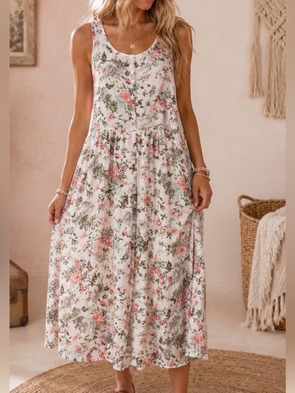 FRYE White Floral Button Front Maxi Midi Dress Pockets Medium Cottage Vintage